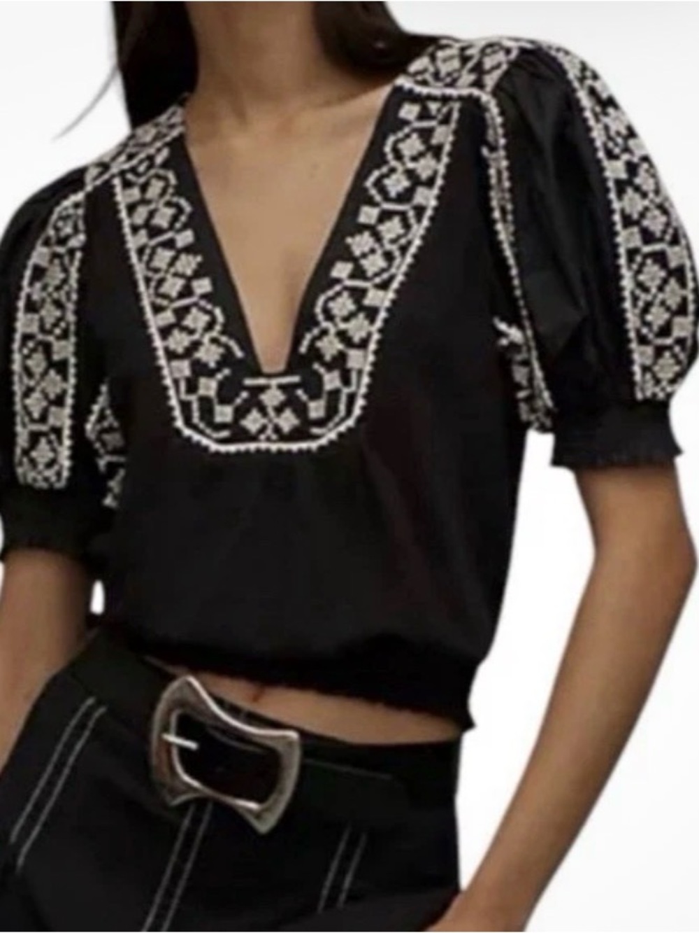 Anthropologie - Black Blouse with White Embroidered V-Neck and Puff Sleeves